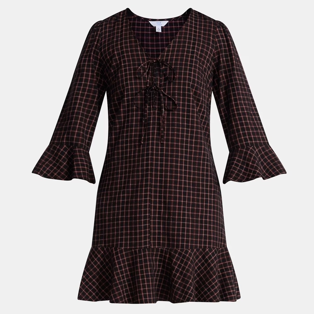 TIME & TRU Plaid Tie‎ Front Mini Dress XXXL (22W) Black Red Bell Sleeves 3XL NWT